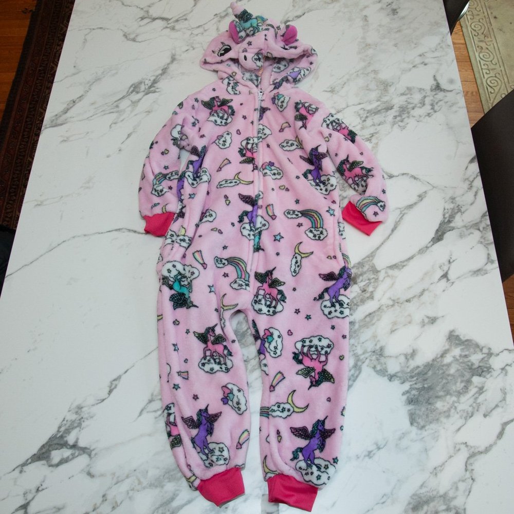 Kids Soft Plush Pink Unicorn Zipper Onesie Costume Size 5/6